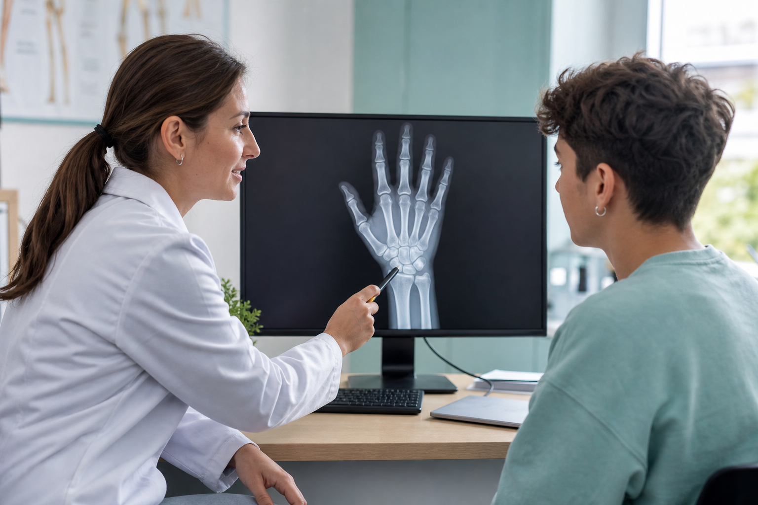 Doctor reviewing a hand and wrist bone-age X-ray