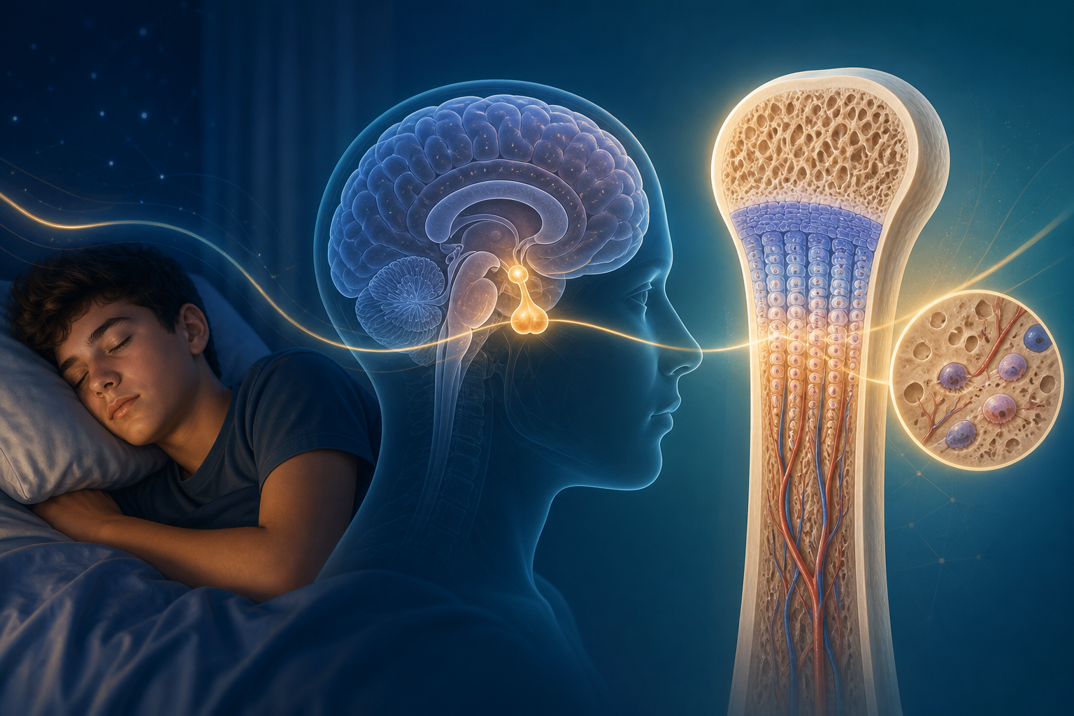 Deep sleep, pituitary gland, and growth plate illustration