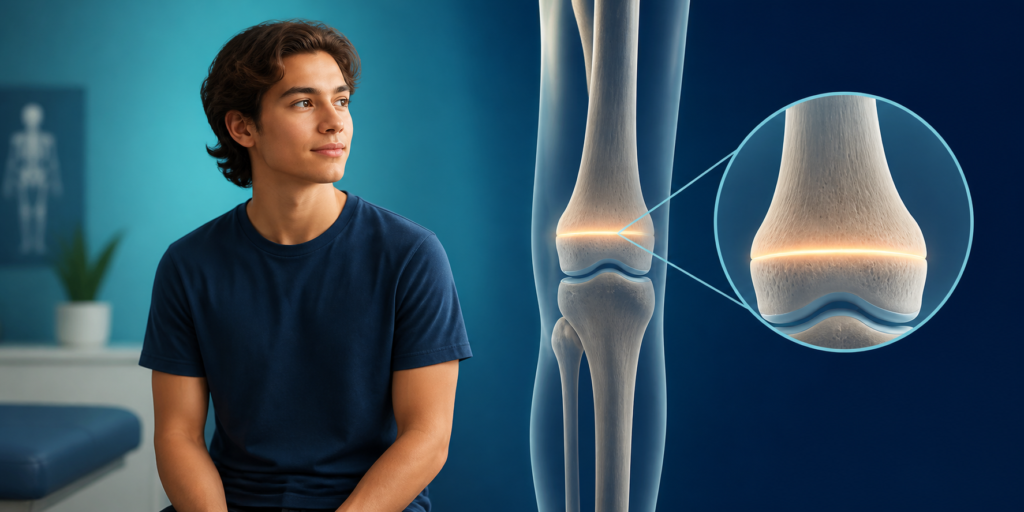 Young adult beside an illustration of the knee growth plate