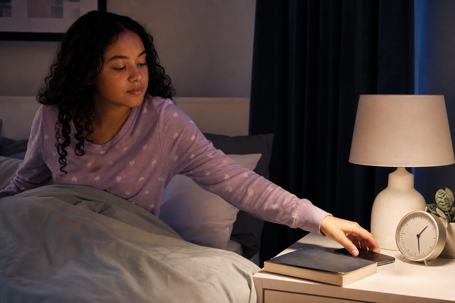 Teen placing a phone face-down as part of a healthy bedtime routine